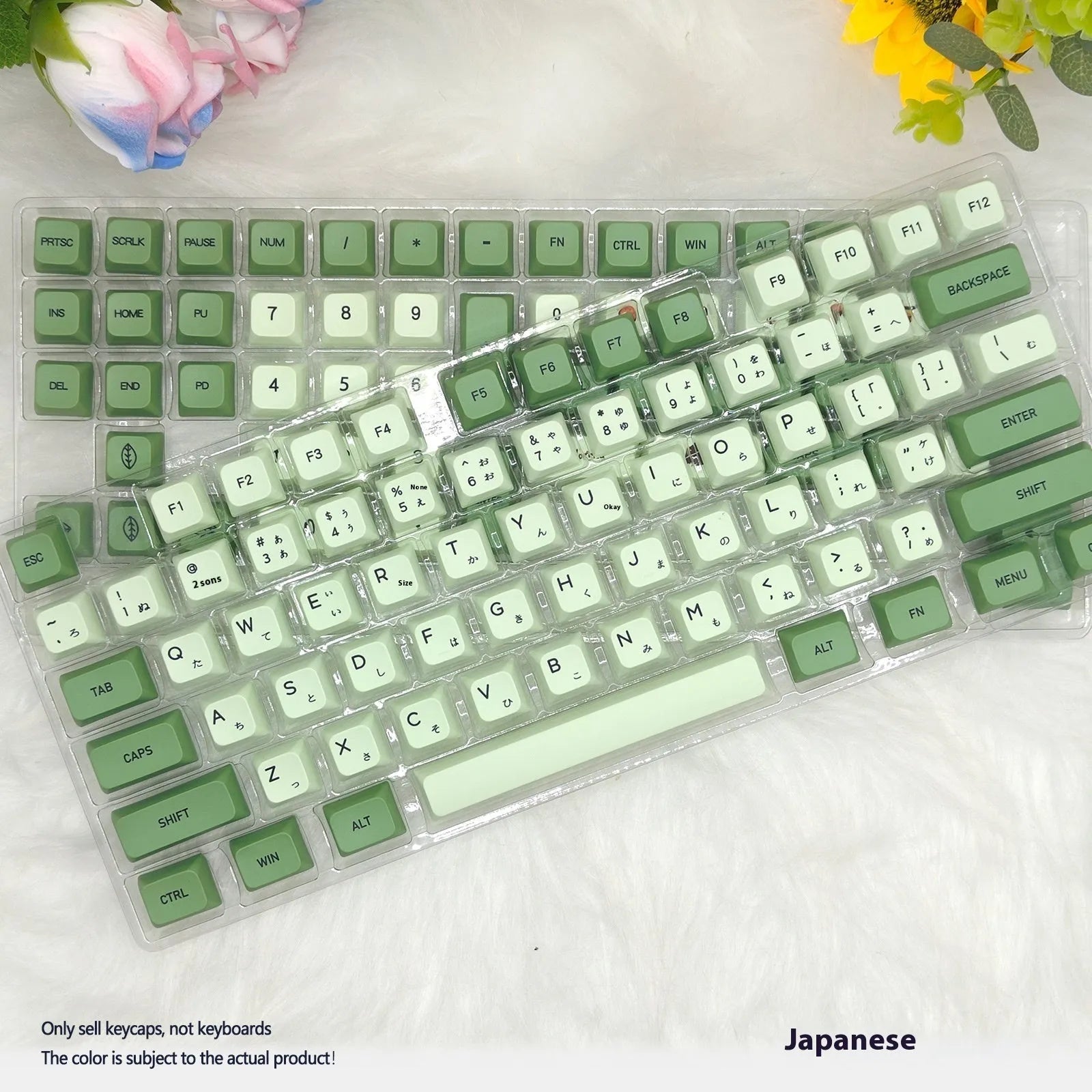 124 PBT dye-sublimation keycap set in matcha green colour on a keyboard.