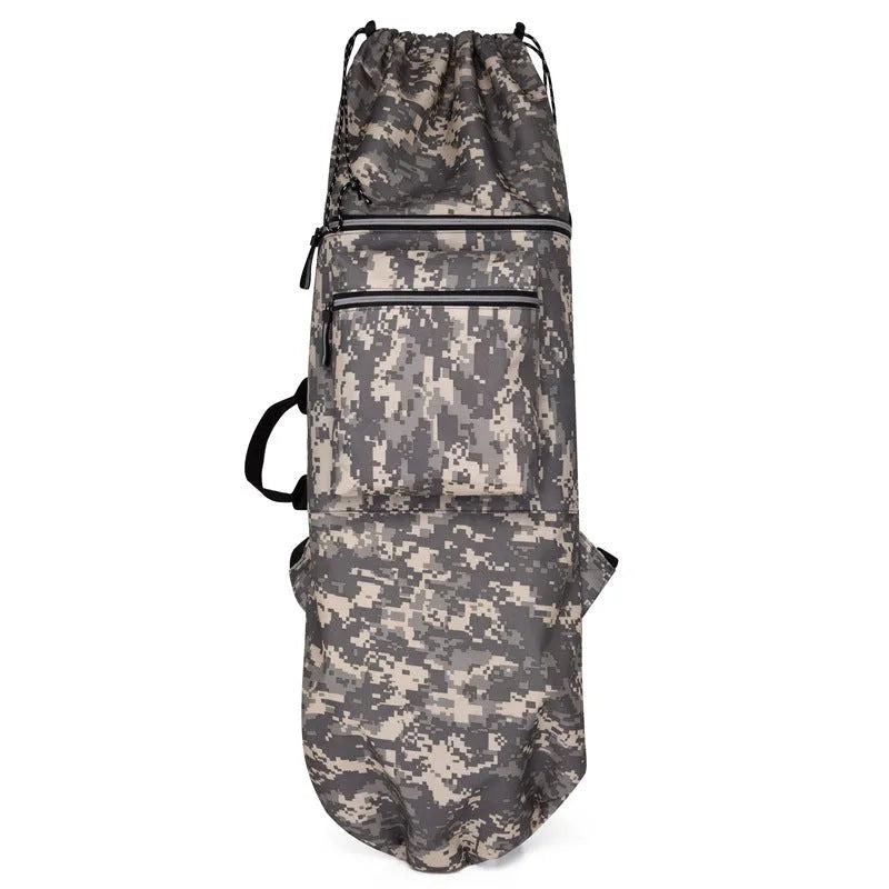 Black waterproof nylon skateboard bag with shoulder strap, showing 90cm length for longboards or fishing rods.