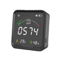 Front view of black LED colour screen WiFi temperature humidity and CO2 sensor with display