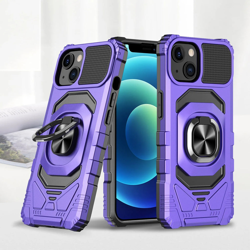Magnetic ring car phone case with 2-in-1 TPU PC shockproof design for iPhone in graphite black