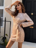Gold sequin backless dress with long sleeves, high waist, lace-up waist and short one-step skirt