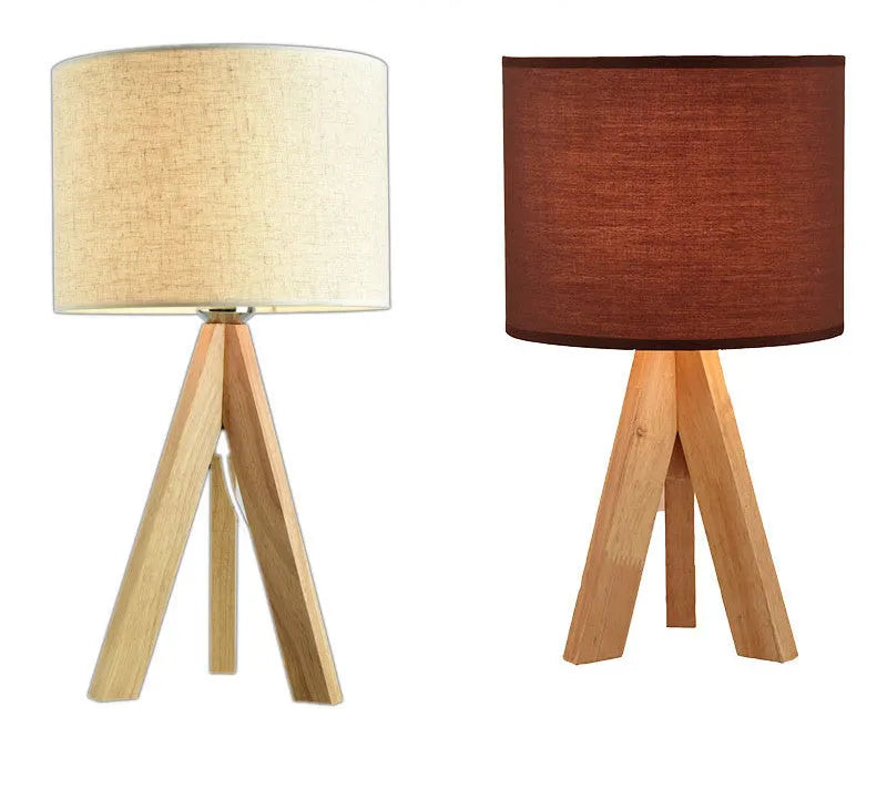Japanese style solid wood table lamp with fabric lampshade in linen trumpet colour, bedside use