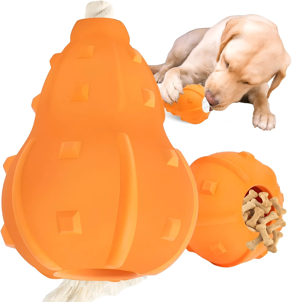 Natural rubber stuffable dog toy for small dogs, shown with a longer strap for fetching and tugging.