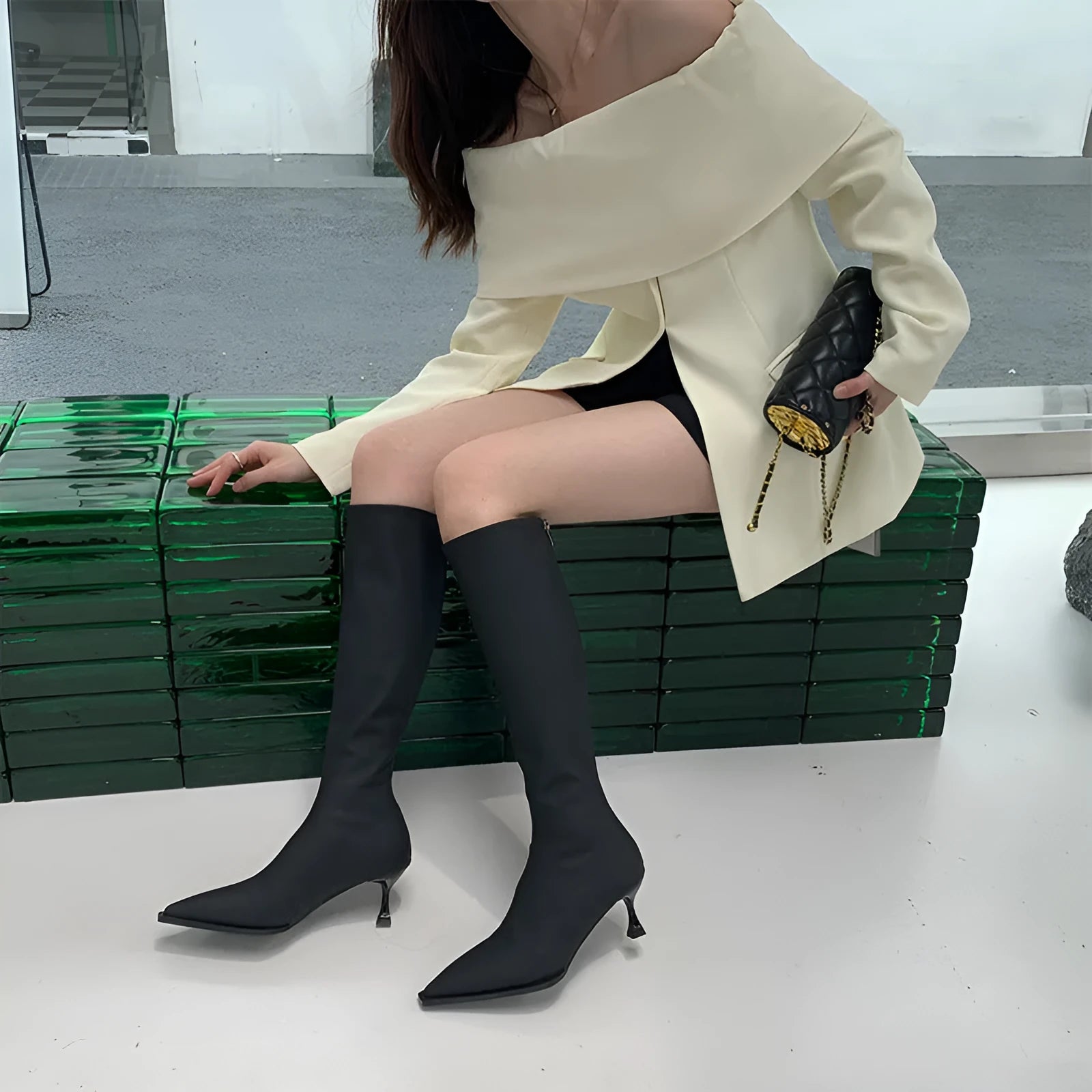 Women’s black pointed toe below the knee boots with 5cm heel and back zipper