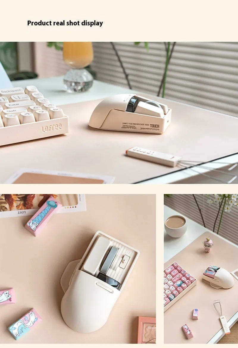 Xiaoqiao Three Mode Wireless Mouse in Tofu Colour with USB receiver and Type-C cable.