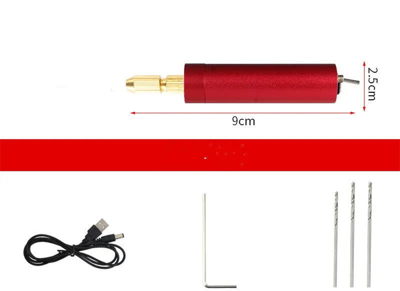 Small aluminium USB electric drill grinder with three drill bits and wrench for craft work
