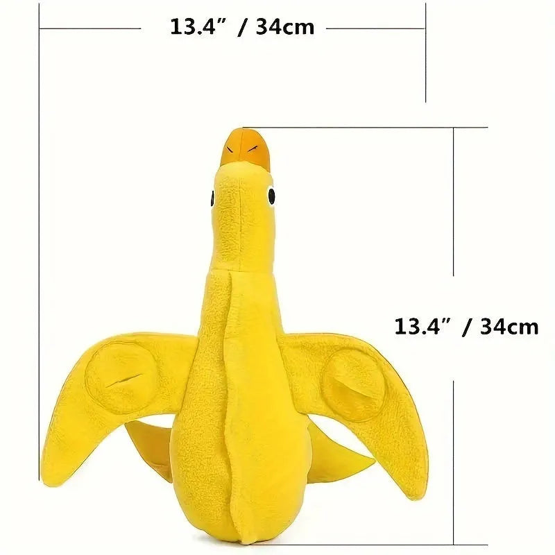 Yellow duck plush dog toy with squeaker and treat dispensing features