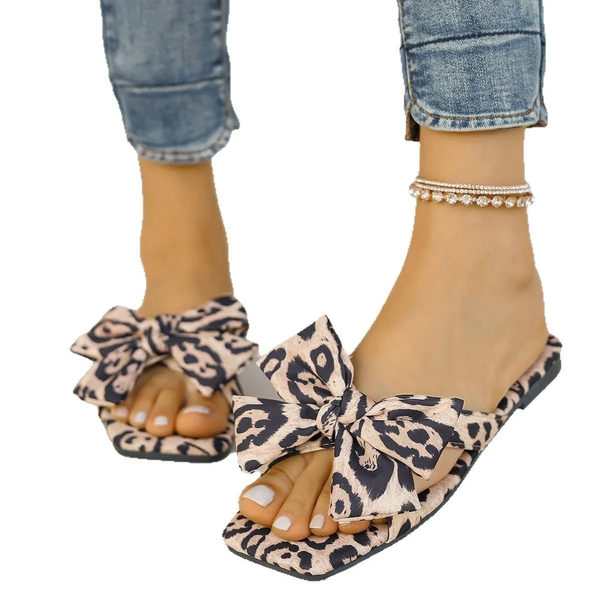 Women's leopard print square toe sandals with bow detail and cloth upper