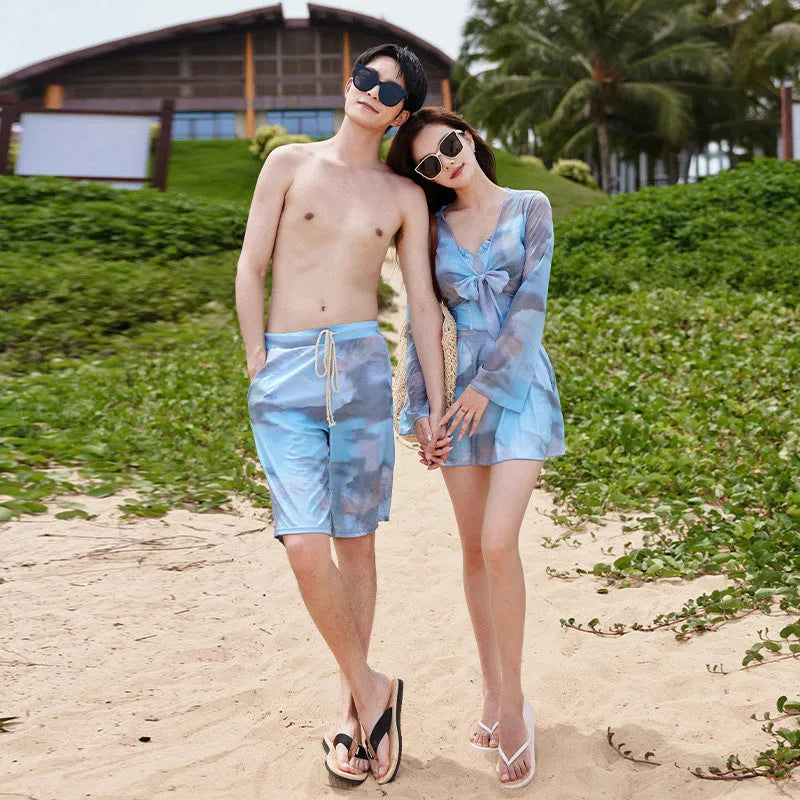 Blue one-piece couple swimsuit slimming nylon spandex tight fit for water park use