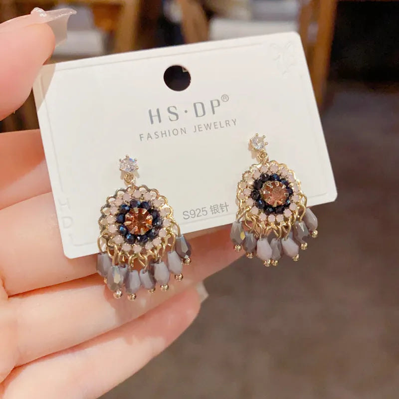 Purple and blue diamond-embedded round crystal tassel earrings with thick gold plating