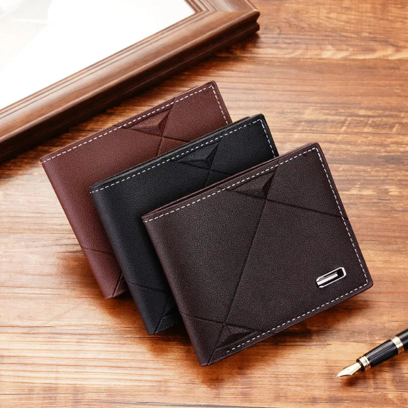 Men's thin black three-fold horizontal PU leather wallet with multiple card slots open.
