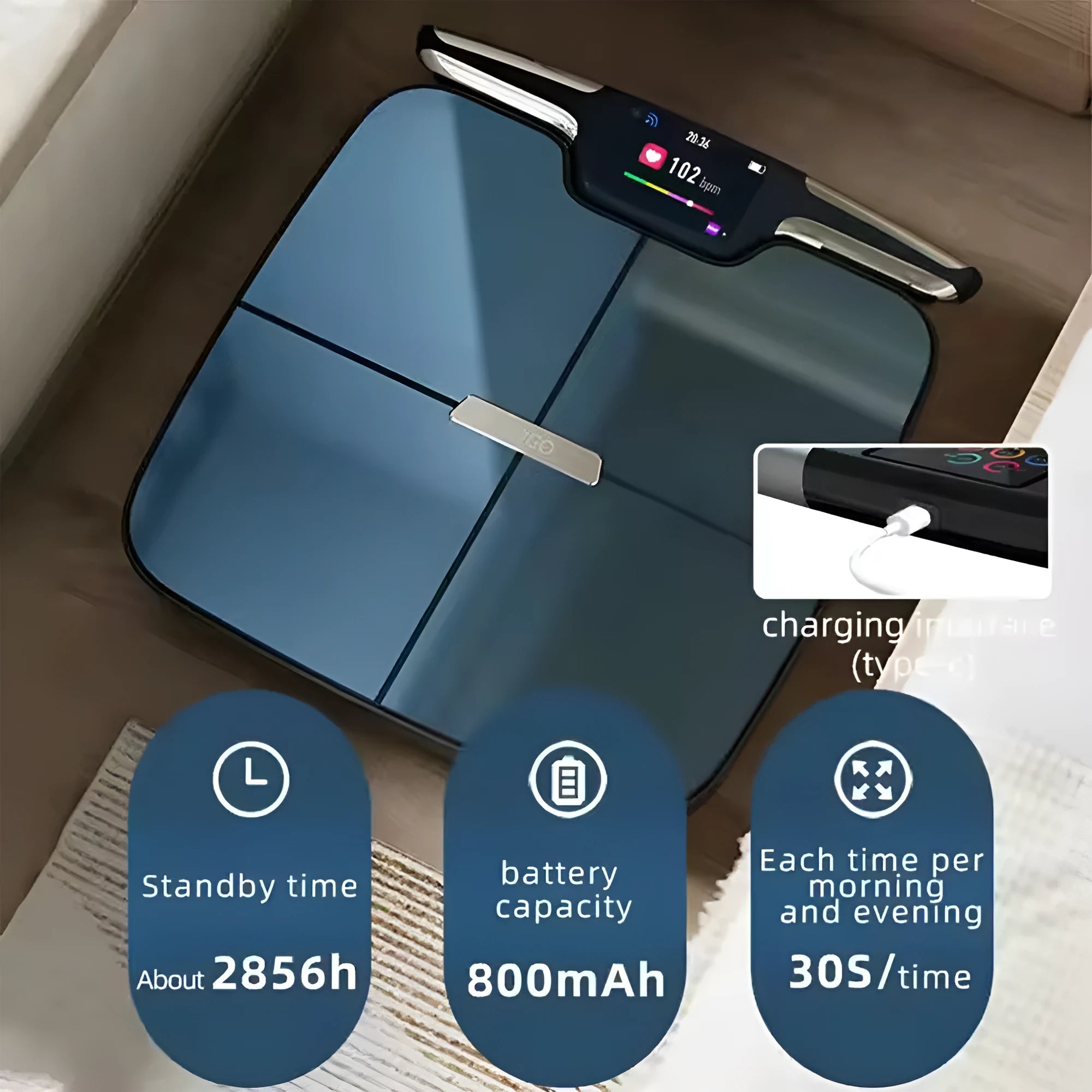 Black eight-electrode body fat smart scale showing digital display.