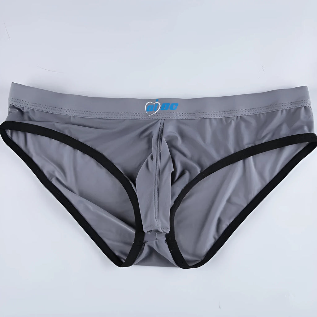 Men's Ice Silk bazooka briefs in multiple colours, showing mid-waist design and bullet separation feature.