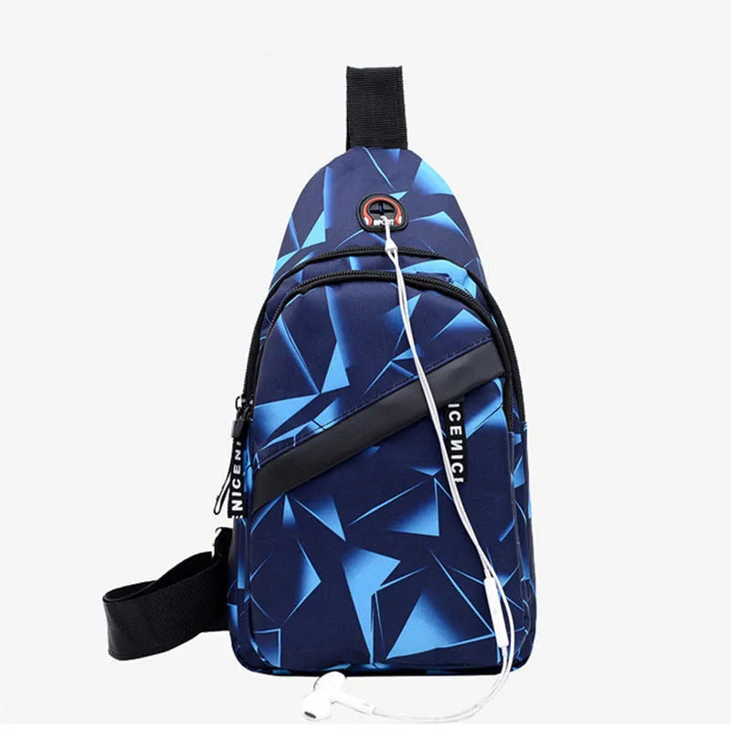 Blue men's crossbody sling bag with earphone hole, made from Oxford cloth, showing front zipper and strap.