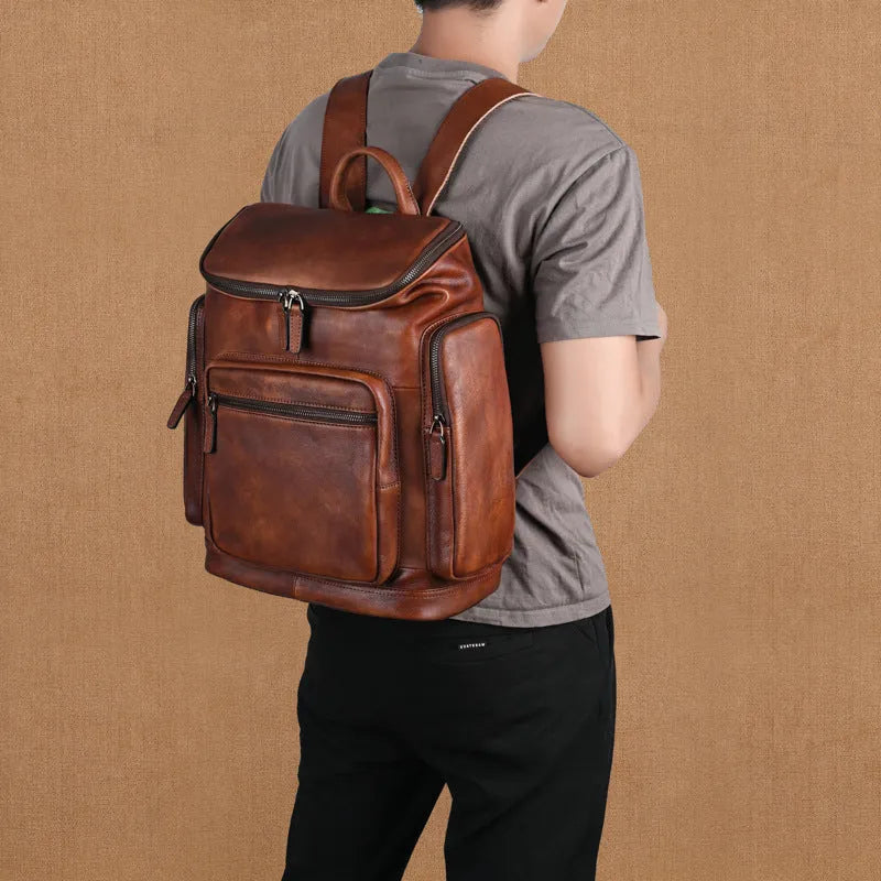 Genuine retro double-layer cowhide backpack for men, 14 inch light brown leather travel backpack with patchwork