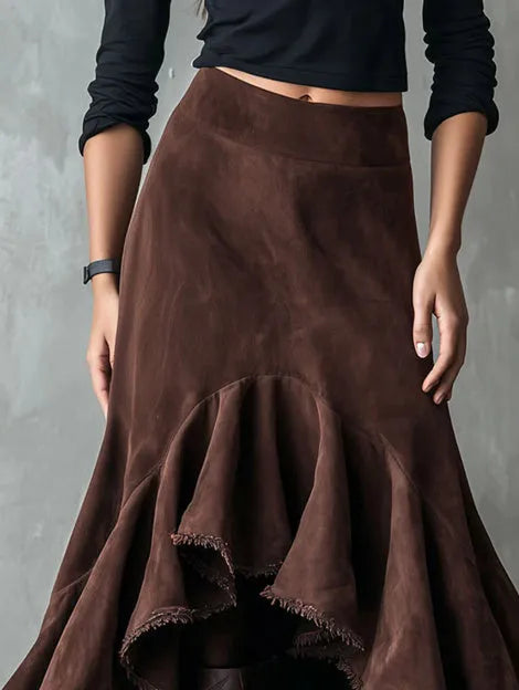 Brown high-low maxi skirt with asymmetric hem and ruffles in eco suede texture