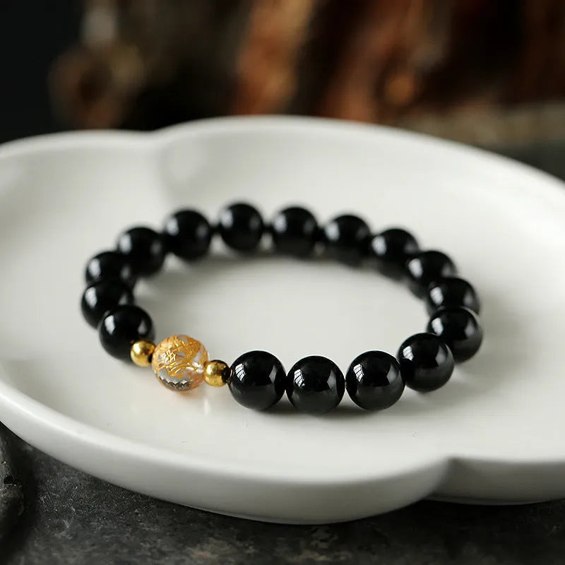 Geometry bracelet with obsidian and white crystal beads, dragon charm, adjustable 14-16cm wrist