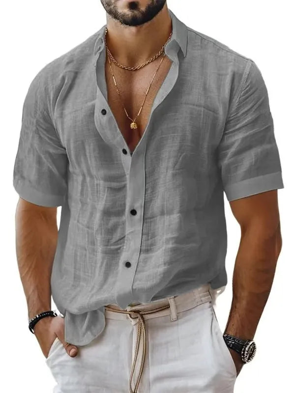 Men's short sleeve lapel shirt in polyester blend fabric showing cardigan style and lapel collar