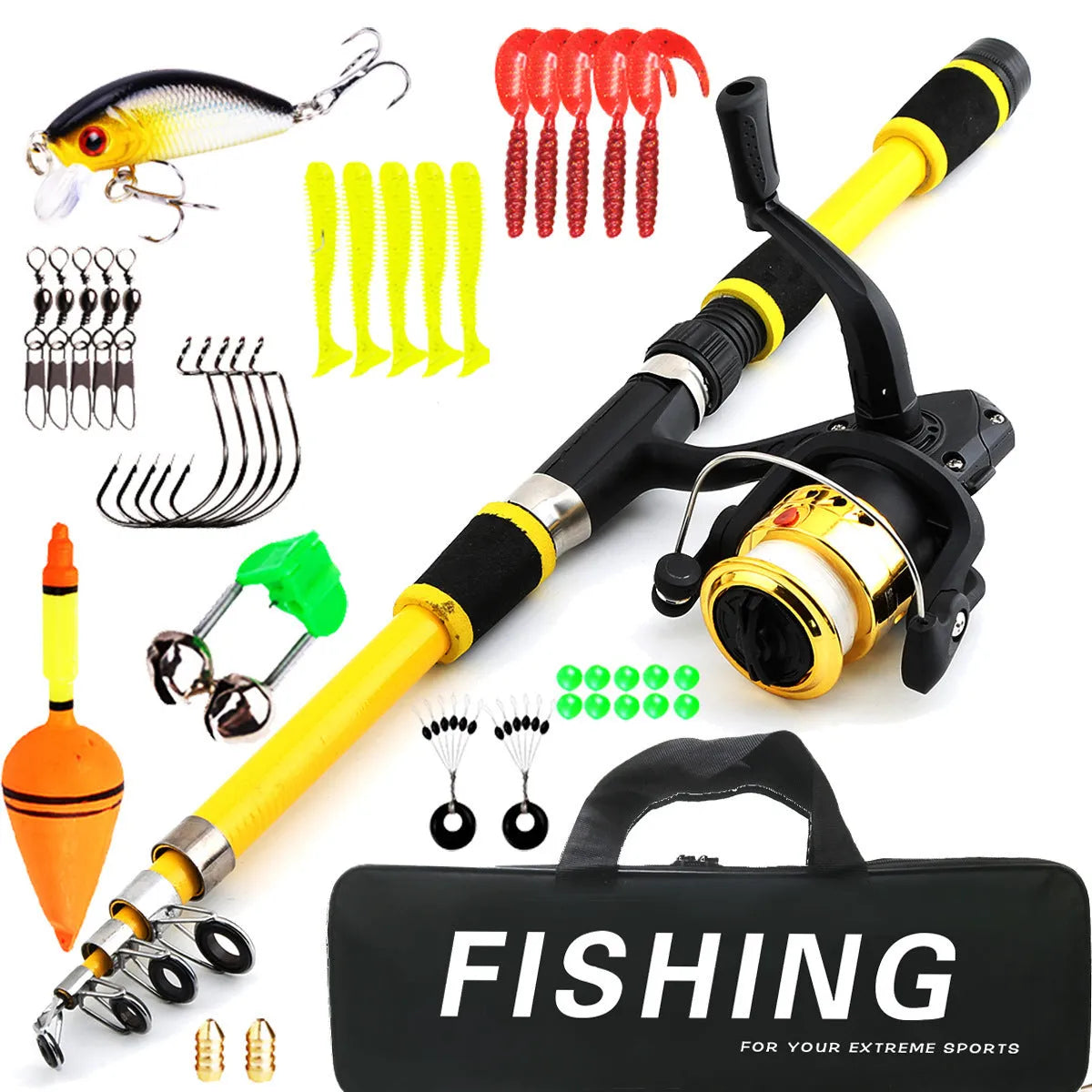 Blue children's fishing rod and reel set with matching tackle box on a grassy bank.