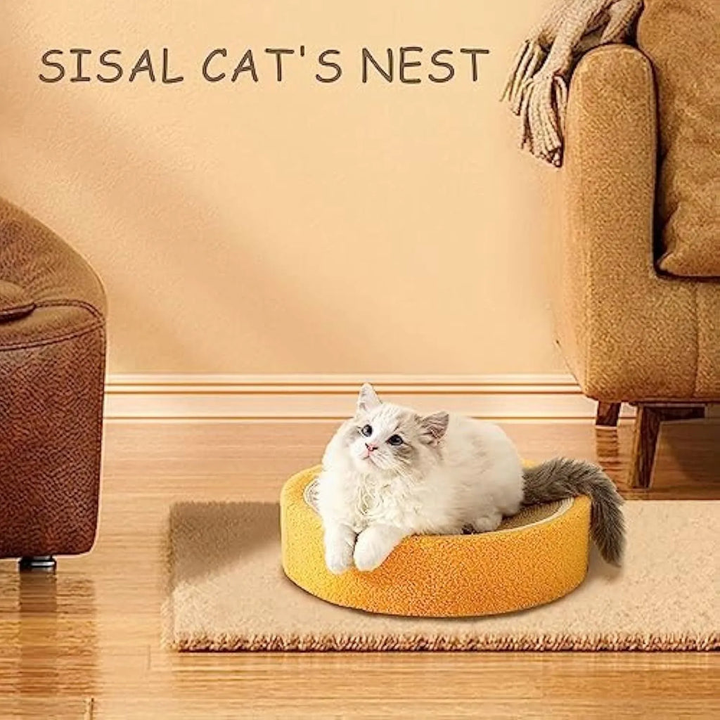 Yellow fruit-themed round sisal cat scratching board and bed for small breeds.