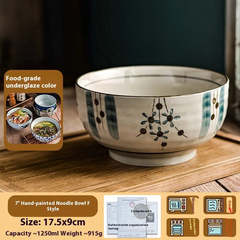 Ceramic hand-painted underglaze colour noodle bowl round 6 inch Japanese style retro soup bowl