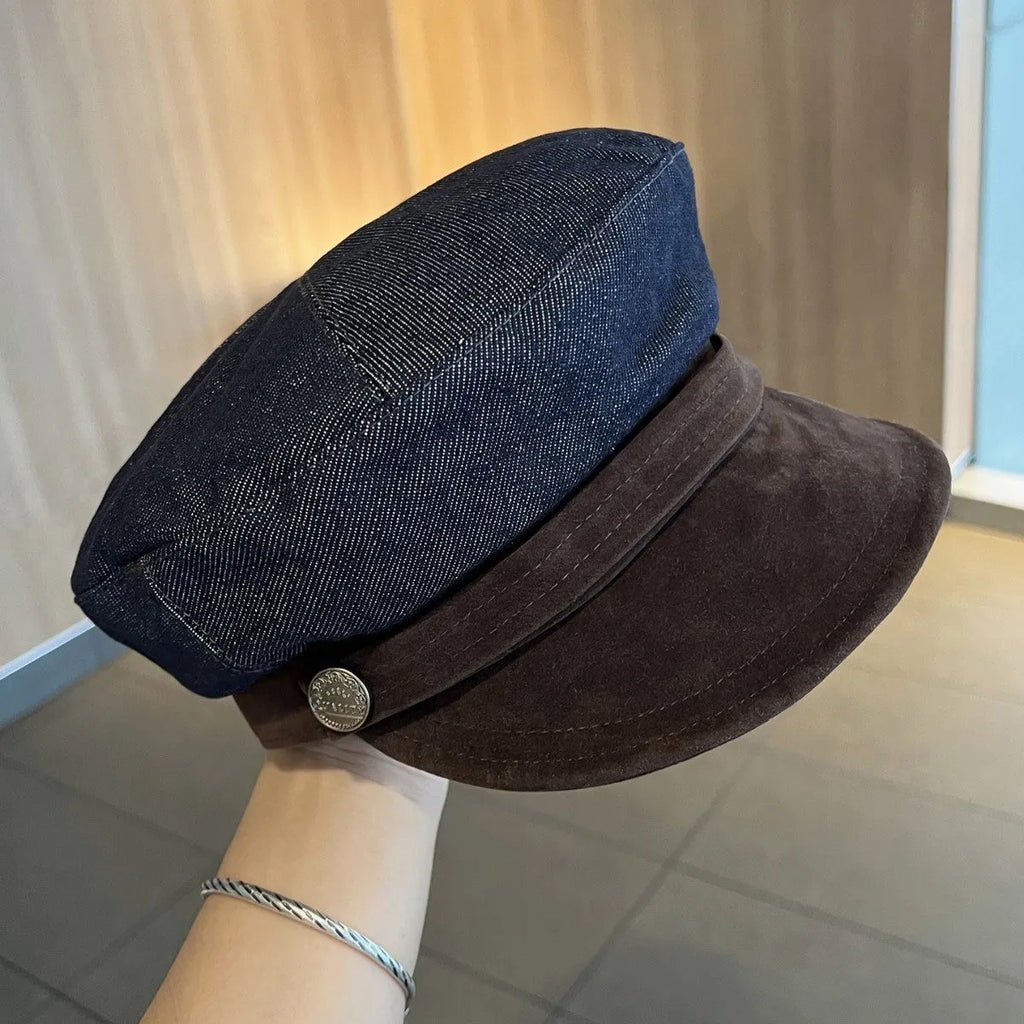 Dark blue denim octagonal newsboy flat cap with an adjustable strap, shown with a contrasting brown brim.