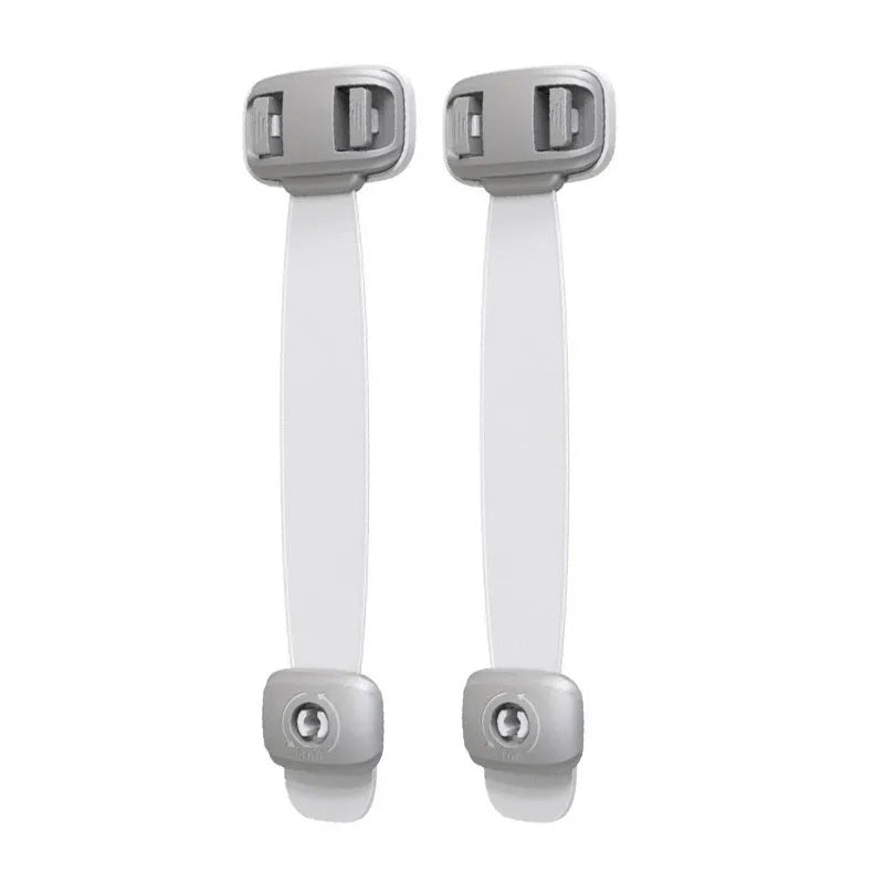 Grey and green adjustable strap child safety lock for cabinets and drawers with adhesive backing