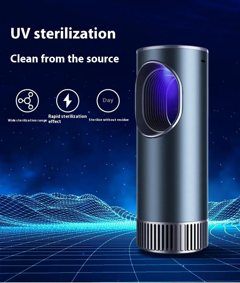 Black cylindrical car air purifier with USB connection for vehicle formaldehyde removal and negative ion generation