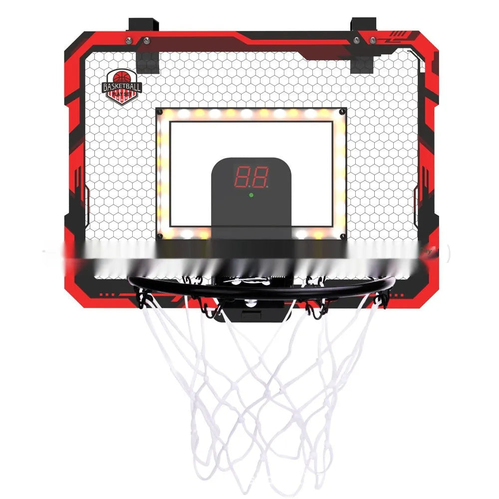 Red and blue folding basketball frame with suction cups, shown in dunking and scoring positions.