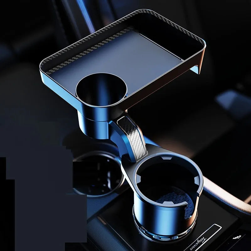 Black ABS plastic car-mounted rotating dinner tray holder shown inserted into a vehicle cup holder.