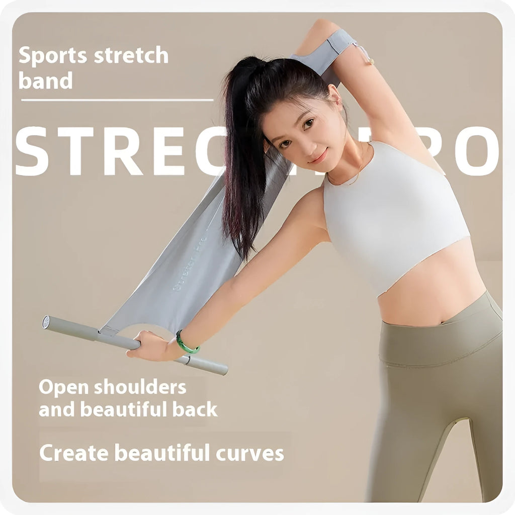 Grey and pink yoga multi-function stretching tool with iron frame for shoulder and hip flexibility exercises.