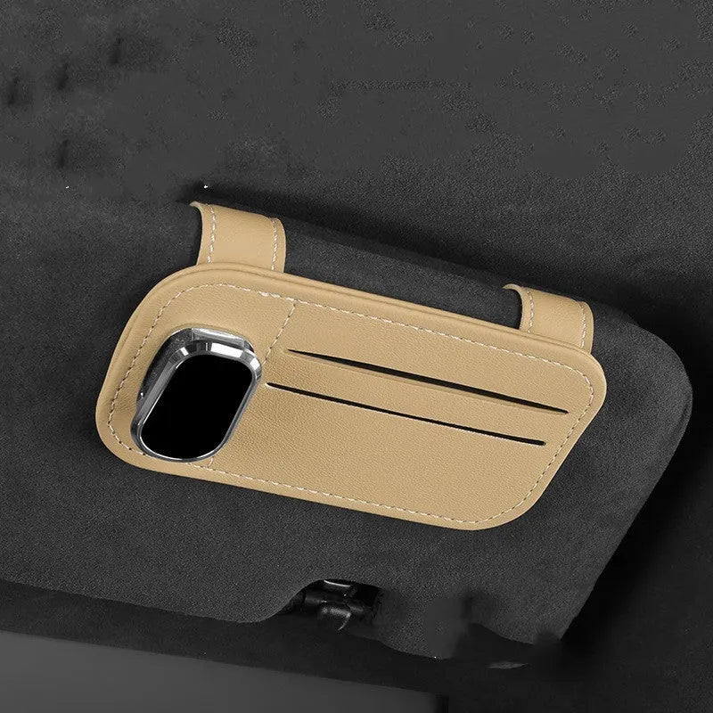 Genuine cowhide leather car sun visor organiser with card slots and integrated glasses clip