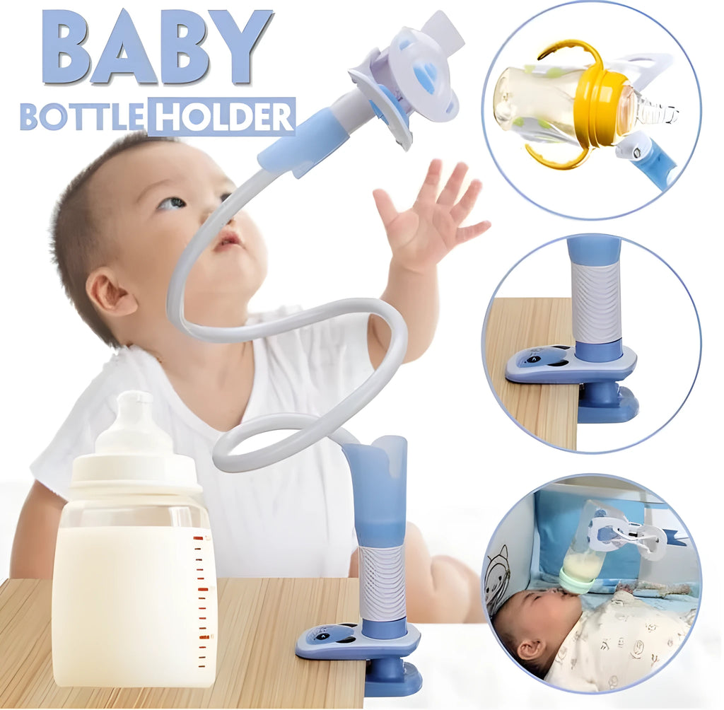 Blue adjustable baby feeding bracket extended to 1.05 metres holding a milk bottle.