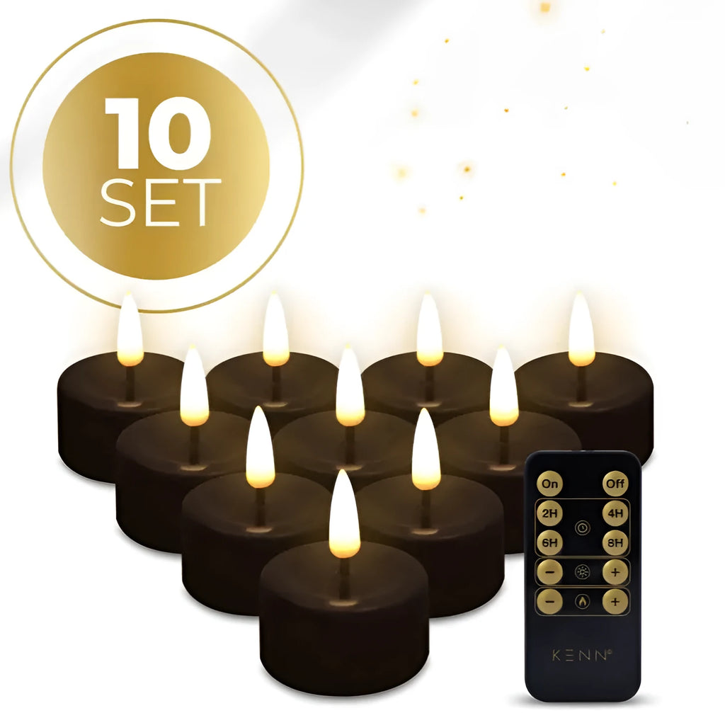 Four black S10 LED tealight candles showing flickering light, next to a ruler showing 4.1cm width.