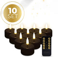 Four black S10 LED tealight candles showing flickering light, next to a ruler showing 4.1cm width.