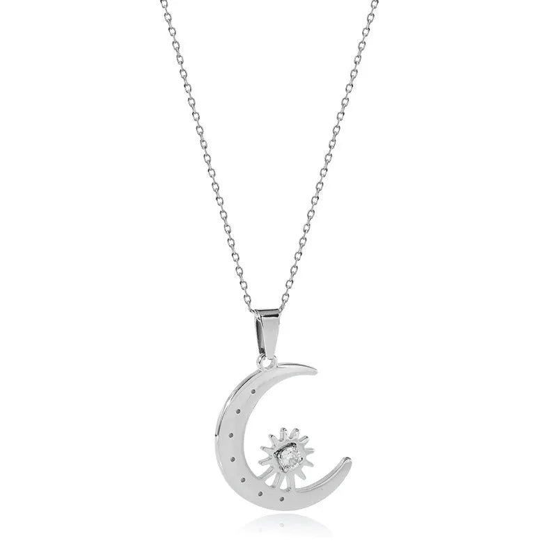 Titanium steel star moon pendant necklace for women, electroplated steel colour, geometric shape on display