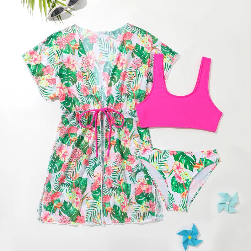 Girls' floral two-piece polyester swimsuit briefs on a white background.