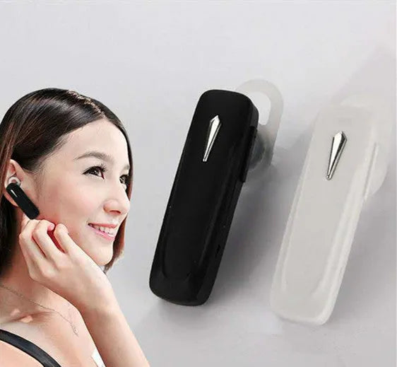 Black and white M163 Bluetooth car headset for hands-free calls and music control.