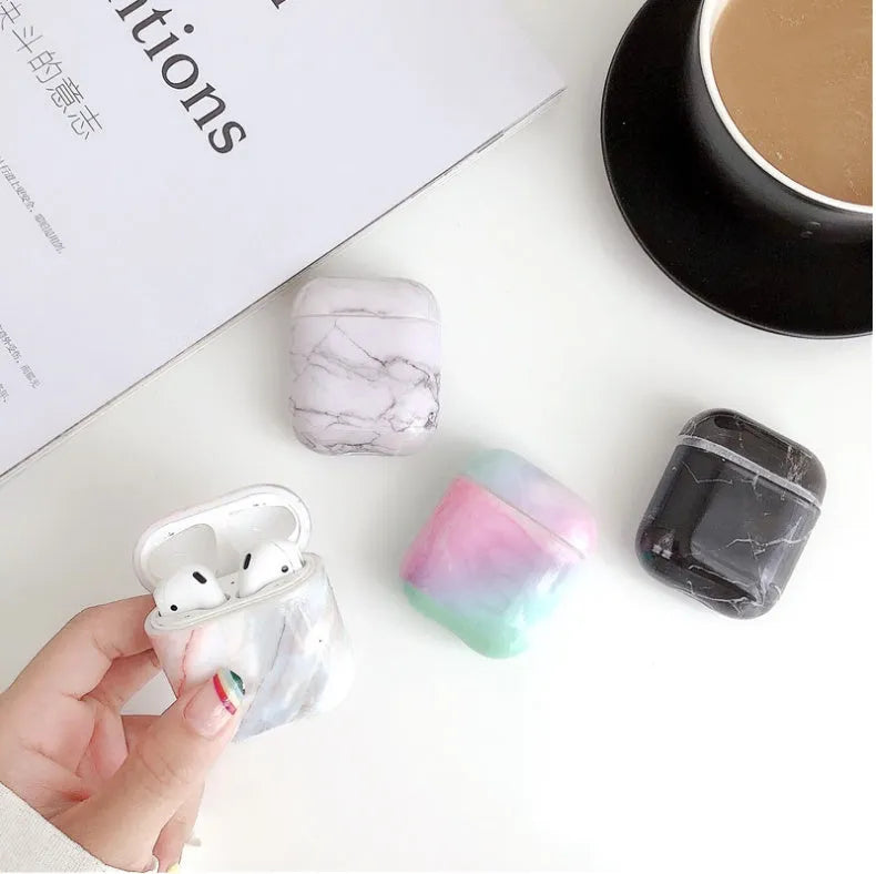 White marble hard PC protective case for Apple AirPods 1 and 2 charging box.