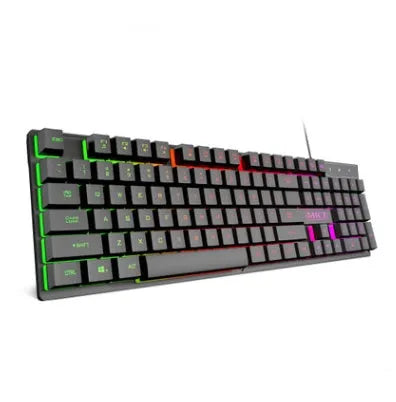 Black USB wired backlit gaming keyboard with frosted keycaps on a desk.
