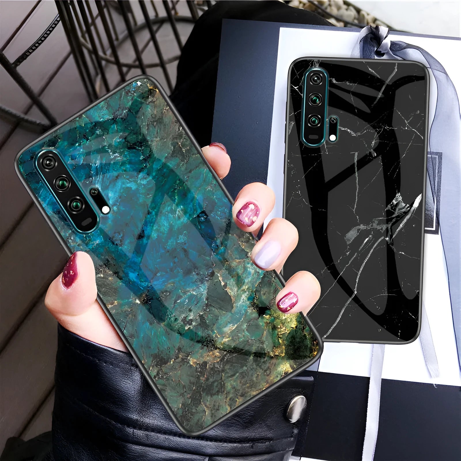 Honor 20 Pro in a black marble anti-fall phone case with tempered glass back and silicone edges.