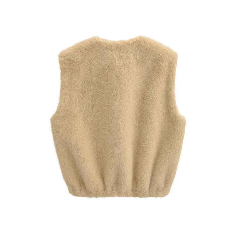 Women's faux fur zipper waistcoat in khaki colour, front view, polyester fabric, casual Korean style