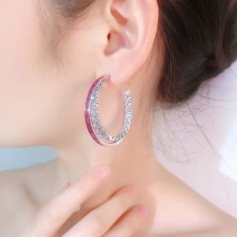 Silver needle stud earrings with zirconia, copper geometric ring design, red corundum or blue spinel