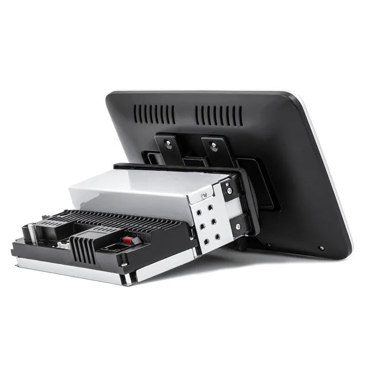 10.1 inch Android car stereo with rotating LED screen, Bluetooth control, and 1024x600 resolution.