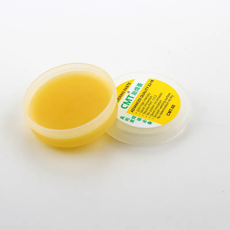 Container of rosin soldering flux paste for use with an electric soldering iron.