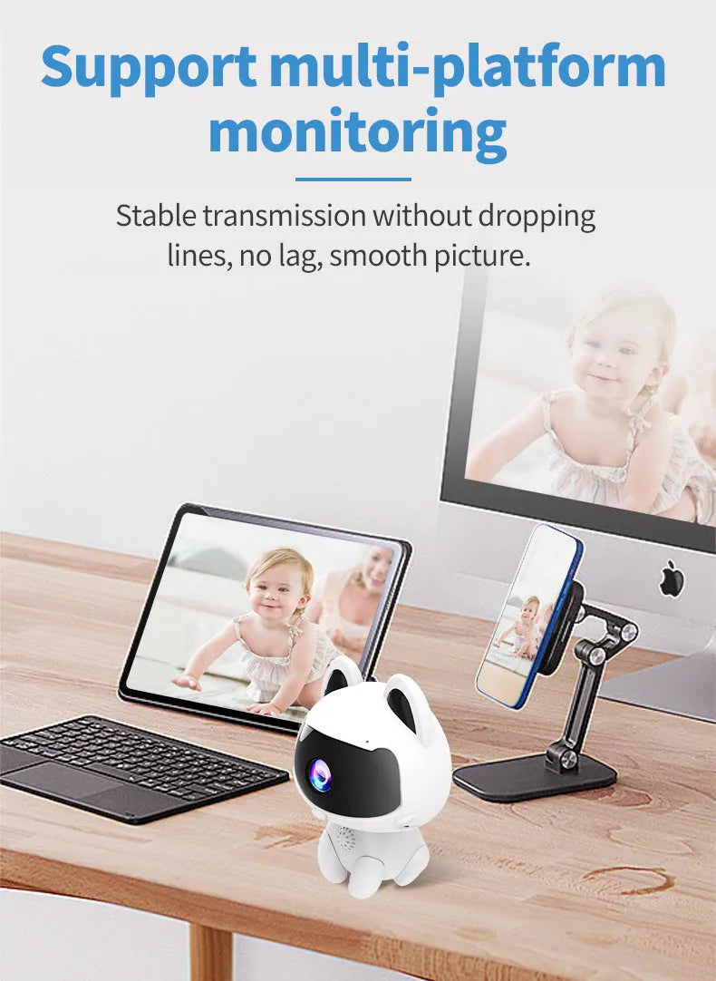 Cat Cute Pet V380 surveillance camera with WiFi and 720p resolution, white ABS plastic body