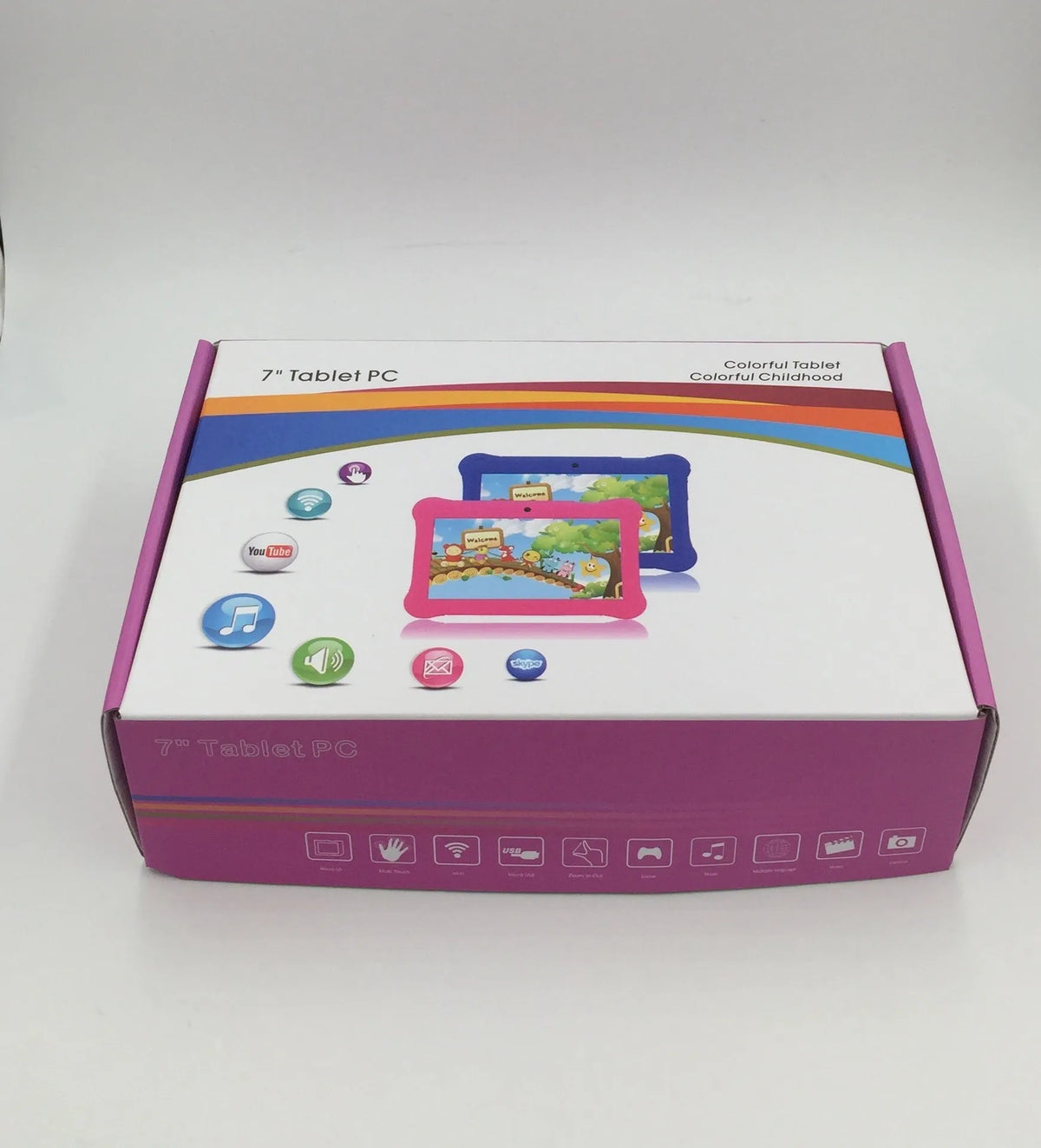 Children's tablet with 7-inch multi-touch screen, 8GB storage, 512MB RAM, ABS plastic shell, available in black, purple, and red.