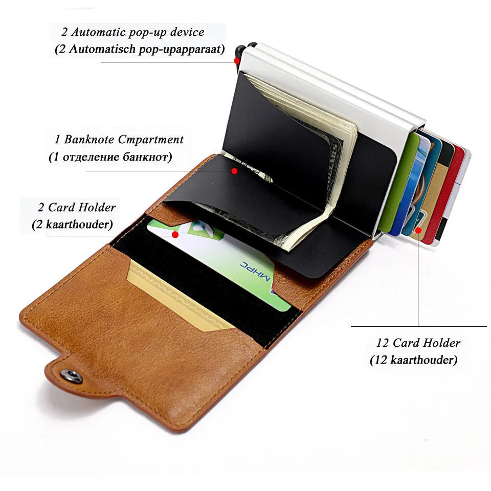 Aluminum PU wallet with 14 card slots in Crazy Horse leather finish, available in claret coffee royal blue black and brown