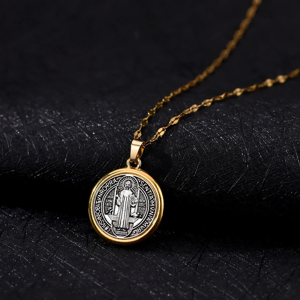 Gold electroplated St. Benedict cross pendant on alloy O-ring chain necklace