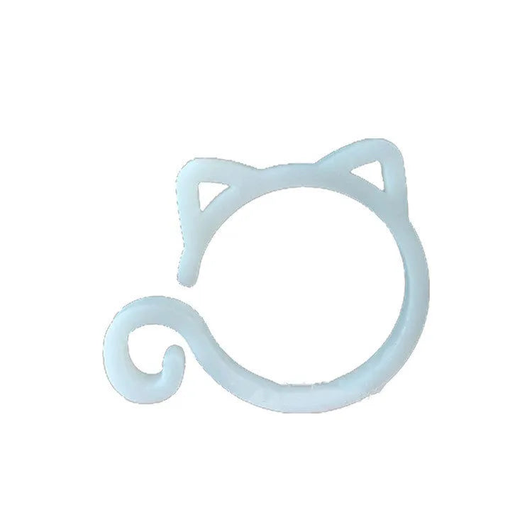Colourful plastic cat-shaped clip for plant pots in red, yellow, green, and white.